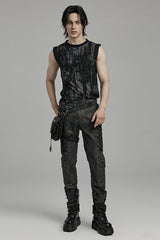 Black/Grey Round Collar Sleeveless Print Ripped Distressed Eyelet Men's Gothic Tank Top - Product - 4