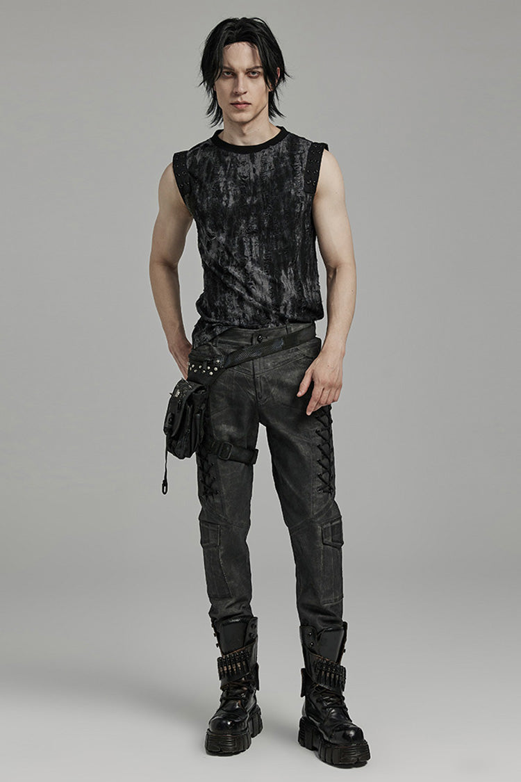 Black/Grey Round Collar Sleeveless Print Ripped Distressed Eyelet Men's Gothic Tank Top - Product - 4