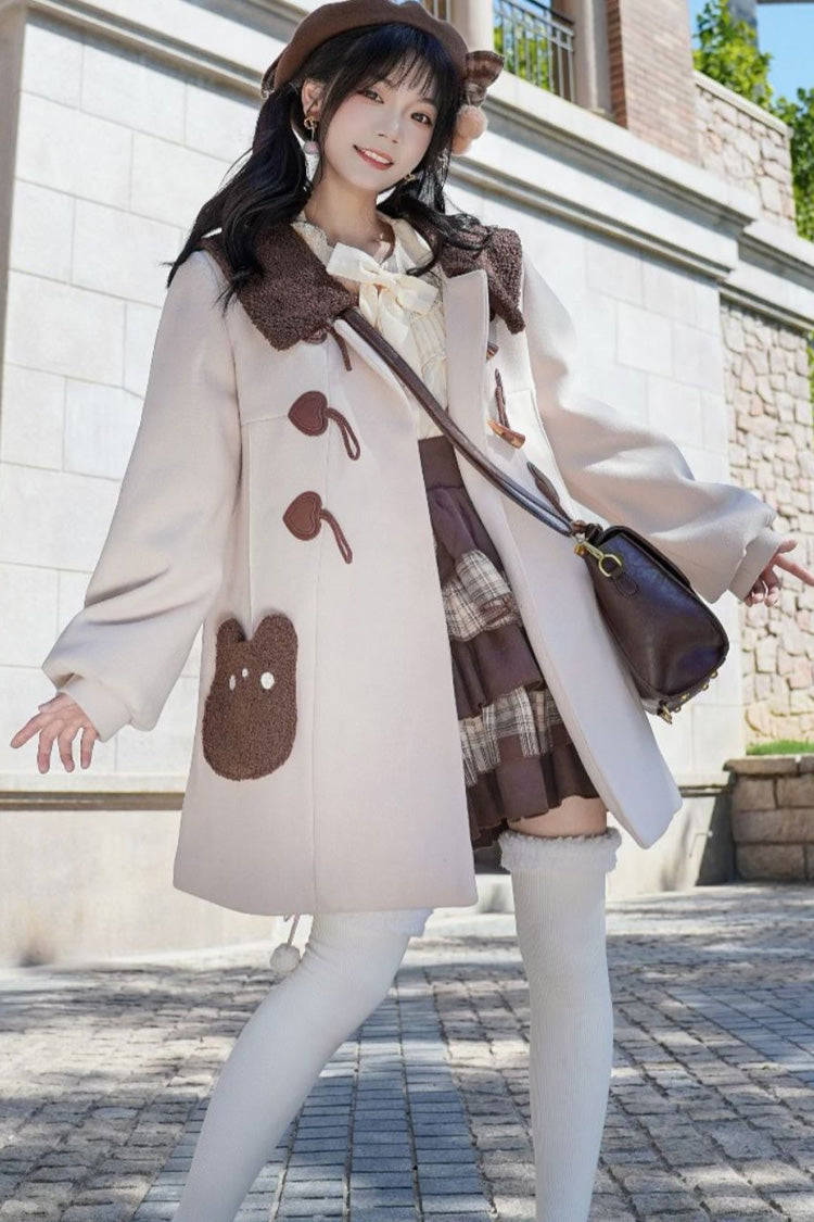 Ivory Lapel Collar Long Sleeves Horn Button Sweet Japanese College Style Lolita Coat - Product - 4