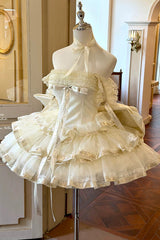 Apricot [Princess Ribbon] Off Shoulder Triple-Layered Ruffle Bowknot Sweet Lolita Dress - Product - 3