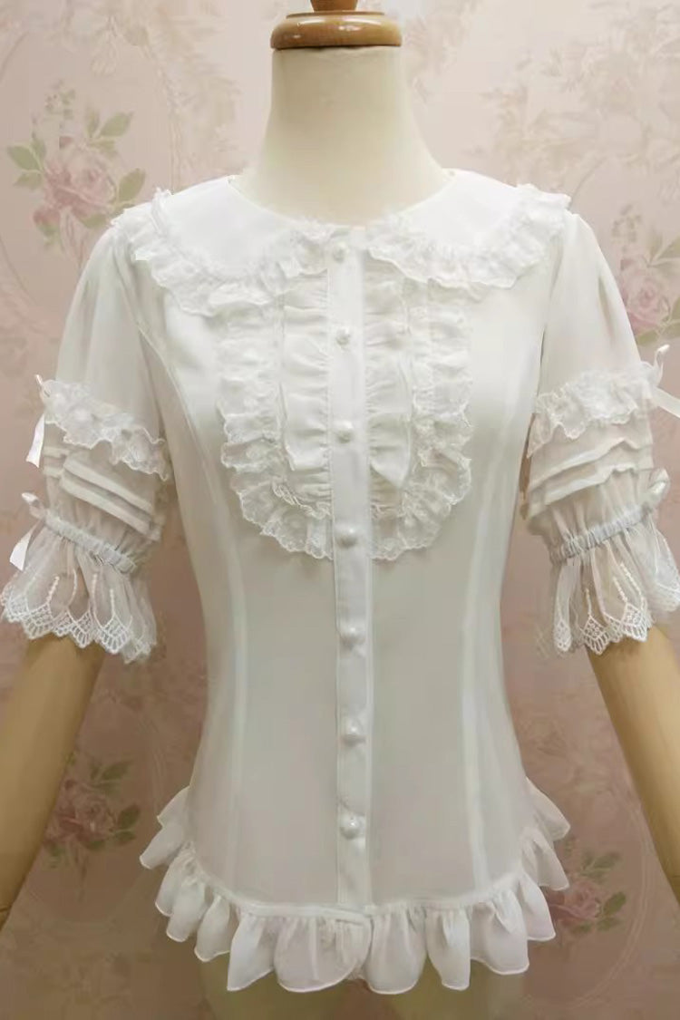 Doll Collar Short Trumpet Sleeves Lace Slim Chiffon Sweet Lolita Blouse 2 Colors - Product - 2