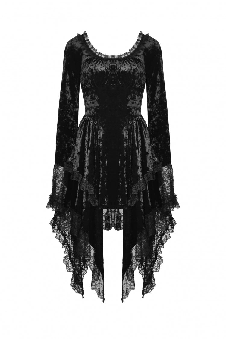 Black Irregular Long Trumpet Sleeves Lace Spliced Women's Gothic Velvet Graduation Dress - Product - 3
