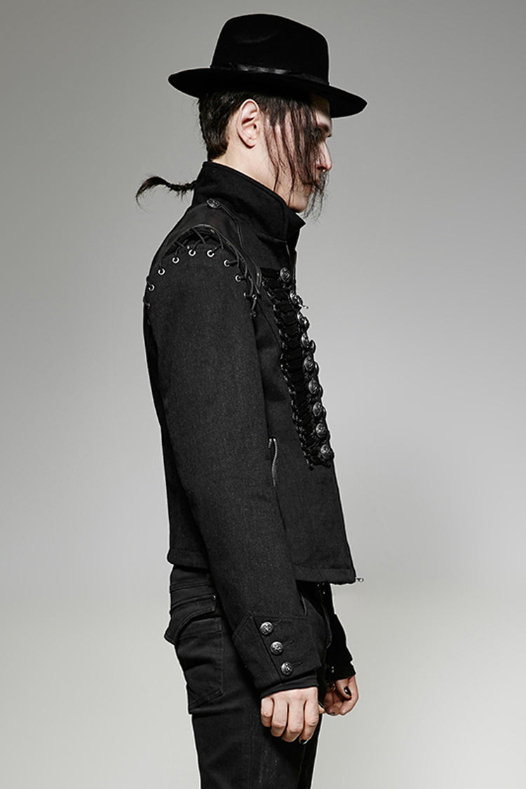 Black Metal Retro Button Decoration Long Sleeves Double Breasted Mens Steampunk Coat - Product - 2
