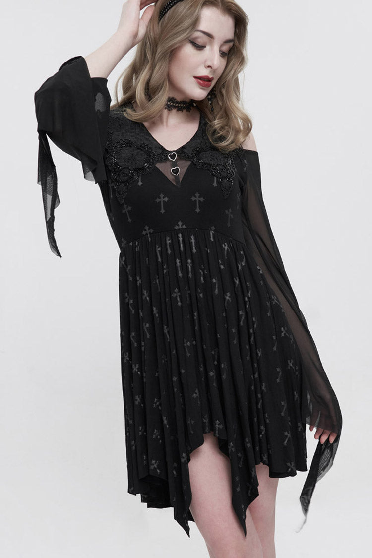 Black Sleeves Cross Print Embroidered And Beaded Neckline Stretch-Mesh Flared Women's Gothic Dress - Product - 2