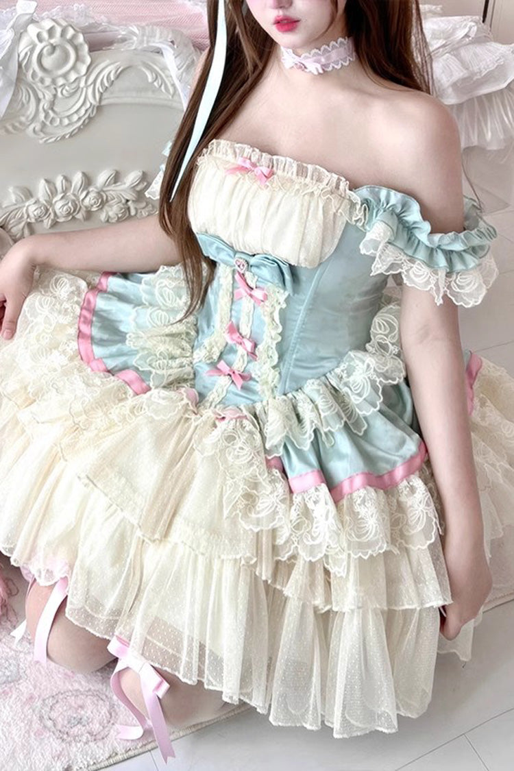 Blue/White [Girly Scent] Triple-Layered Ruffle Bowknot Lace Sweet Ballet Lolita Dress - Product - 2