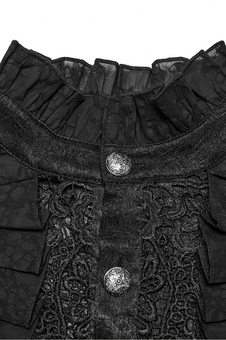 Black Stand Collar Long Puff Sleeves Jacquard Ruffle Embroidery Men's Gothic Blouse - Product - 5
