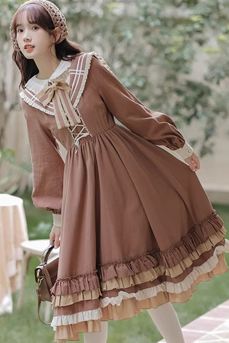 Brown Long Sleeves Multi-layer Ruffle Two Fake Pieces Sweet (Dress Only) detail view 7