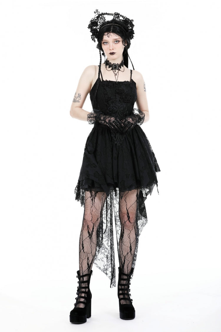 Black Sleeveless Rose Lace Lace-Up Women's Gothic High Low Dovetail Slip Wedding Dress - Product - 5