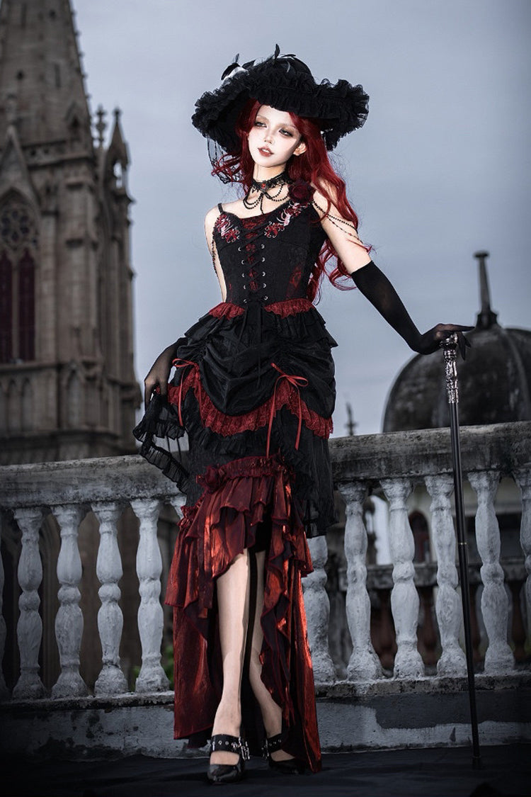 Black/Red [Rotten Bone Flower] Sleeveless Ruffled Embroidered Lace-Up Gothic Lolita Skirt Dress Set - Black/Red(Set) - 1