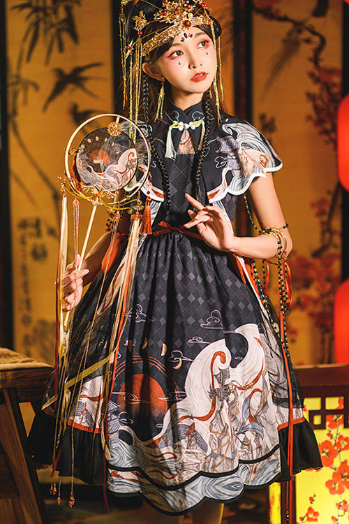 Black Chinese Style Chang'e Flying To The Moon Print Ruffled Classic Lolita OP Dress - Product - 4