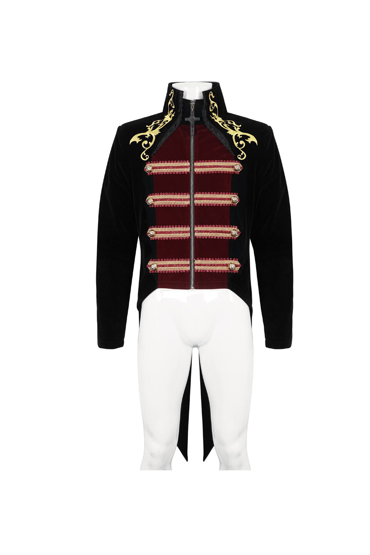 Black/Red Retro Totem Embroidered Swallow Tailed Men's Gothic Coat - Product - 6