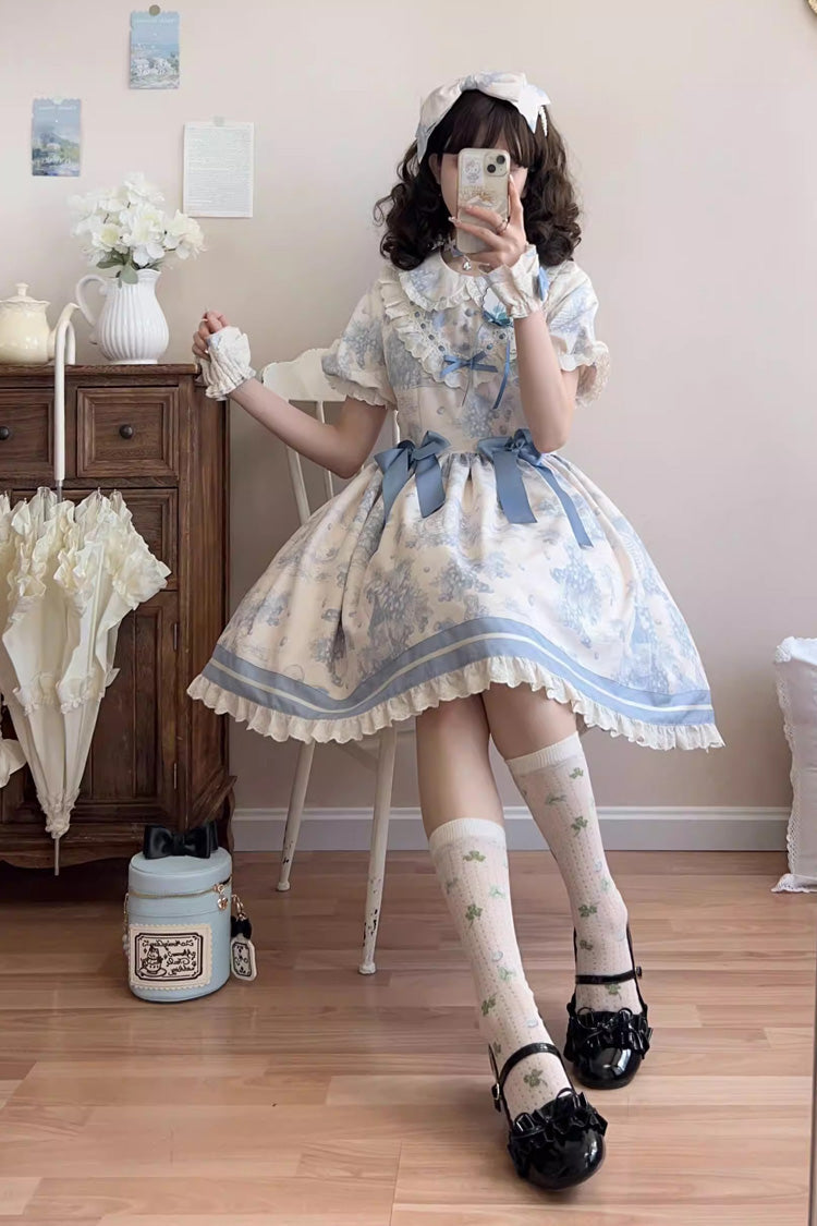 Blue [Grape Moon Almanac] Short Sleeves Multi-Layered Printed Ruffled Bow Sweet Lolita Dress - Product - 5