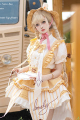 [Fruit Pudding] Vertical Lines Print Bowknot Irregular Sweet Lolita Dress 2 Colors - Yellow - 3
