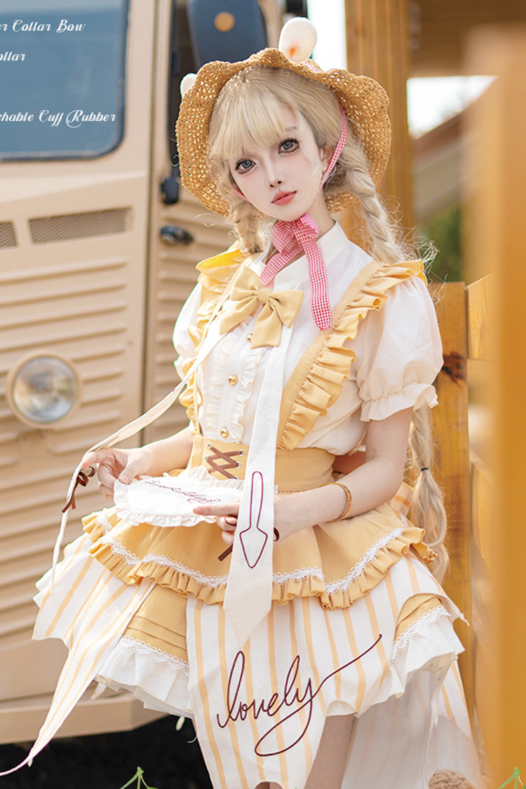 [Fruit Pudding] Vertical Lines Print Bowknot Irregular Sweet Lolita Dress 2 Colors - Yellow - 3