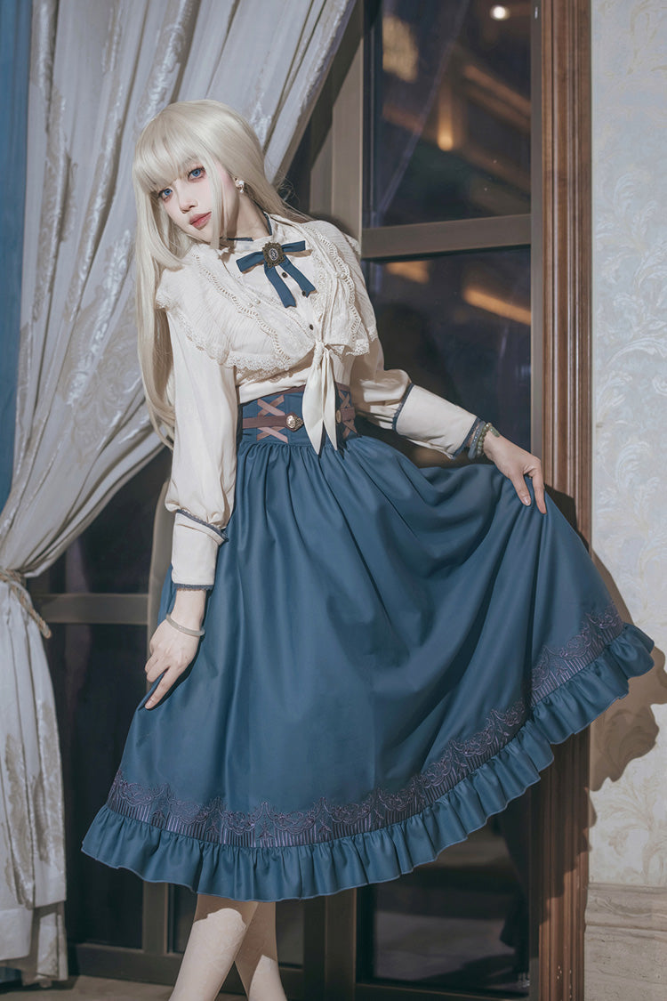 Blue Ruffle Embroidery Lace-Up Sweet College Style Elegant Lolita Skirt - Product - 4