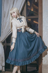 Blue Ruffle Embroidery Lace-Up Sweet College Style Elegant Lolita Skirt - Product - 4