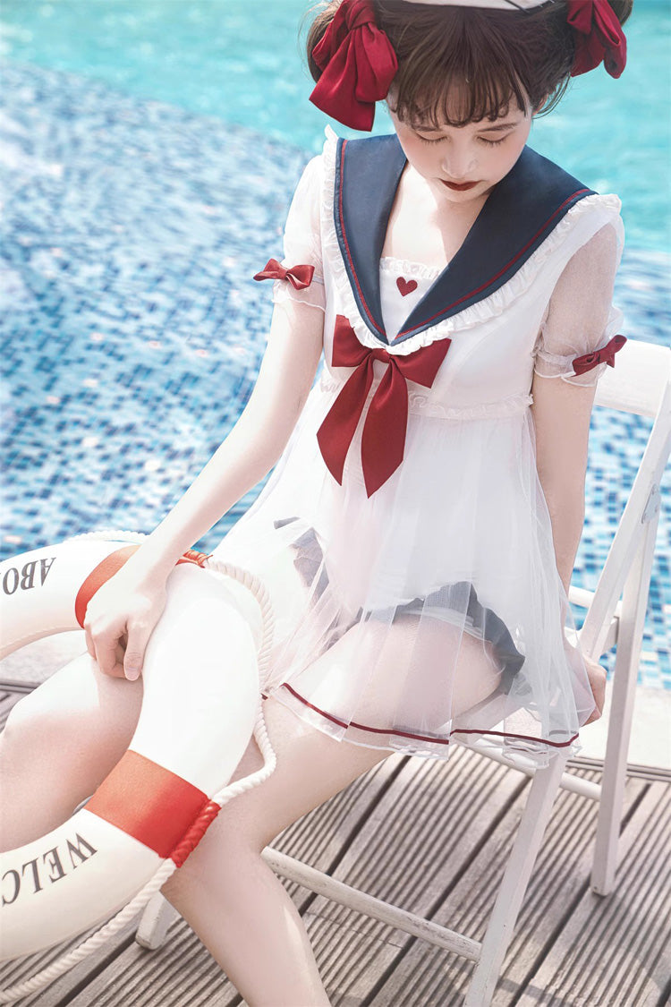 White/Blue/Red Bowknot Short Sleeves Navy Cute Sweet Lolita One Piece Swimsuit - Product - 2
