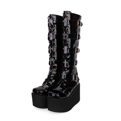 Black Cross Patent Leather Lace Up Long Gothic Lolita Boots - Black - 2