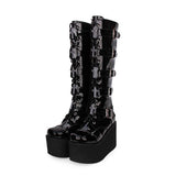 Black Cross Patent Leather Lace Up Long Gothic Lolita Boots - Black - 2