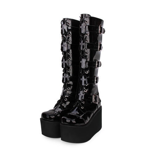 Black Cross Patent Leather Lace Up Long Gothic Lolita Boots - Black - 2