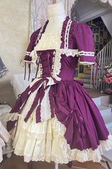 [Miss Rella] Short Sleeves Multi-Layered Ruffle Cardigan Bowknot Lace-Up Sweet Lolita Dress 9 Colors - Plum - 14