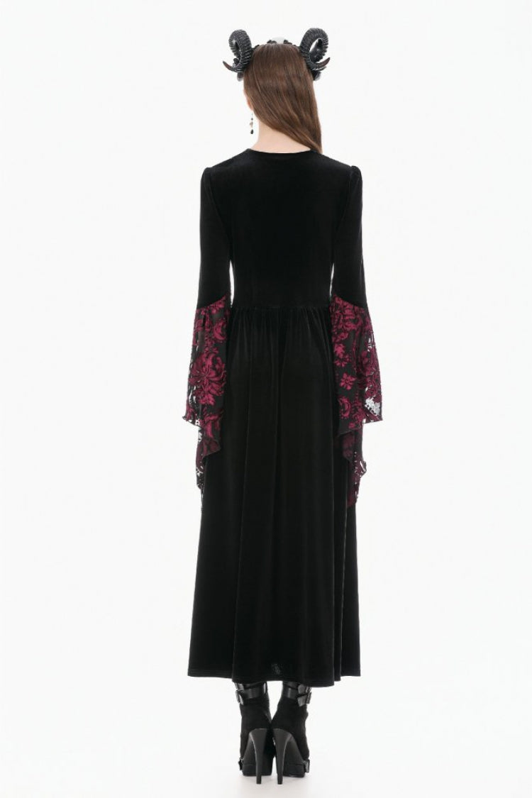 Black/Red Square Collar Long Flare Puff Sleeves Lace Women's Gothic Victorian Velvet Long Dress - Product - 13