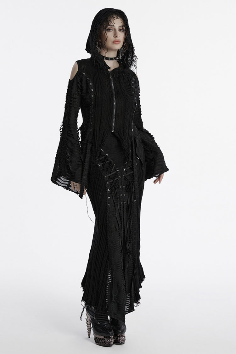 Black Ripped Lace-up Women's Gothic Knitted Skirt - Product - 4