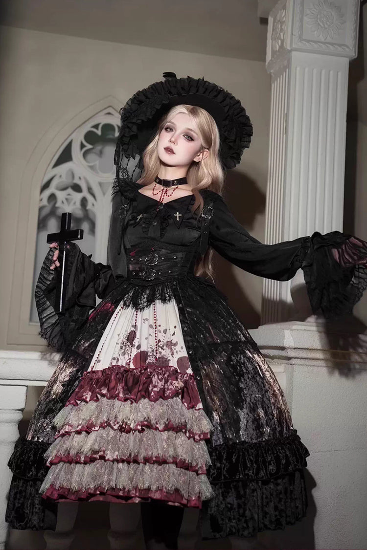 [Heretical Nun] Sleeveless Multi-Layered Printed Ruffled Open-Front Gothic Plus Size Lolita Strap Dress Short Version 2 Colors - Product - 7