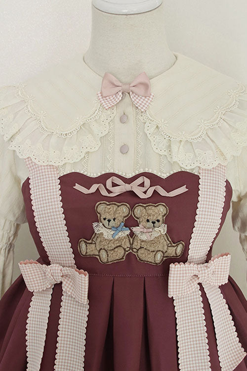 Wine Sheep & Bear Print Alice Girl Bowknot Ruffled Sweet Lolita JSK Dress - Product - 4