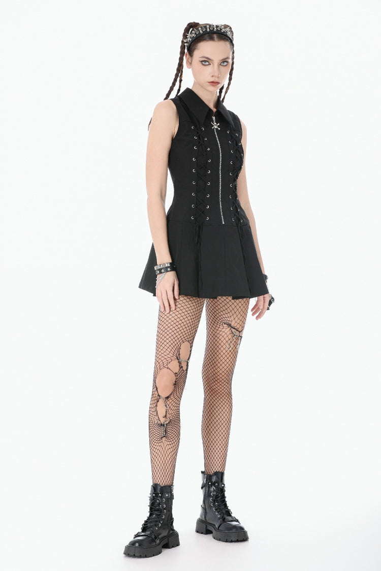 Black Point Collar Sleeveless Skull Zip Women's Punk Dress - Product - 2