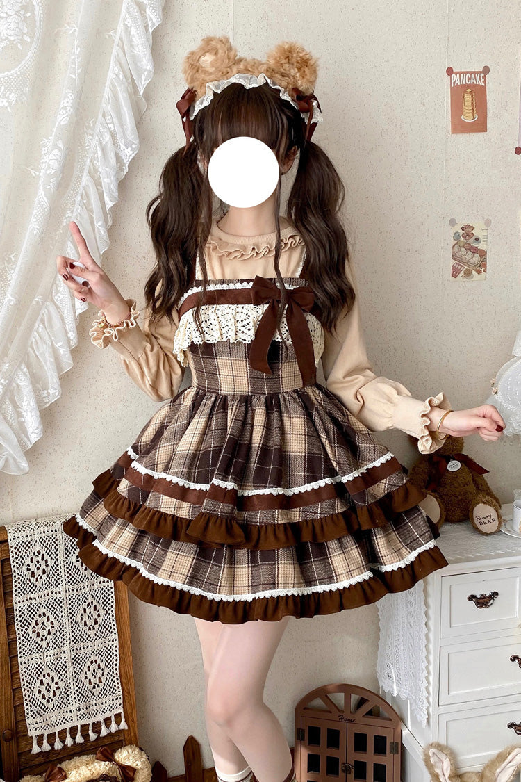 Brown Sleeveless Double-Layered Plaid Print Ruffle Bowknot Lace Sweet Lolita Jsk Dress - Product - 2