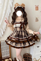 Brown Sleeveless Double-Layered Plaid Print Ruffle Bowknot Lace Sweet Lolita Jsk Dress - Product - 2