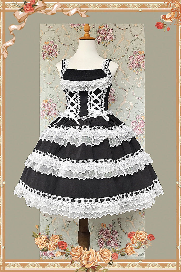 Black/White [Doll in the Mirror] Square Collar Sleeveless Ruffled Lace-Up Sweet Lolita Jsk Dress - Black/White - 1