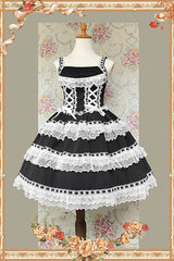 Black/White [Doll in the Mirror] Square Collar Sleeveless Ruffled Lace-Up Sweet Lolita Jsk Dress - Black/White - 1