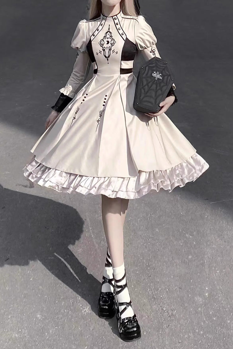 White Long Sleeves Multi-layer Moon Talisman Print Ruffle Gothic Lolita Dress - Product - 3