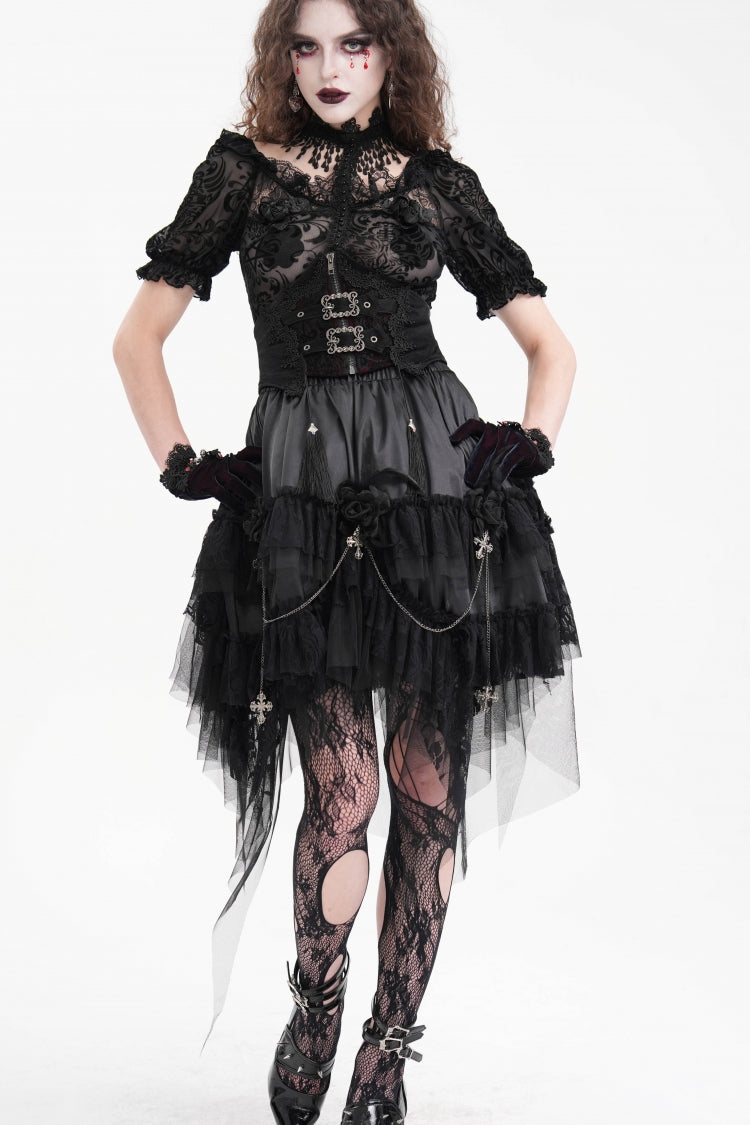 Black Cross Chain Ruffle Lace Irregular Hem Women's Gothic Skirt - Product - 6