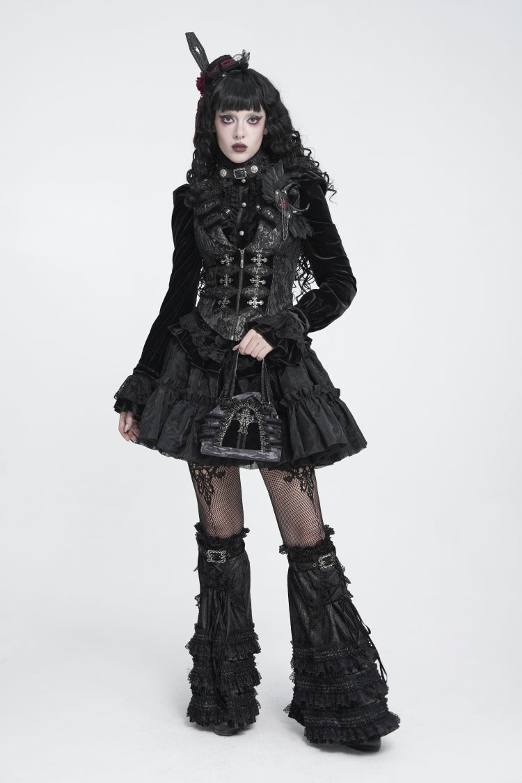 Black Multi-Layered Lace Lace-Up Buckled Pleated Women's Gothic Luxurious Royal  Leg Warmers - Product - 10