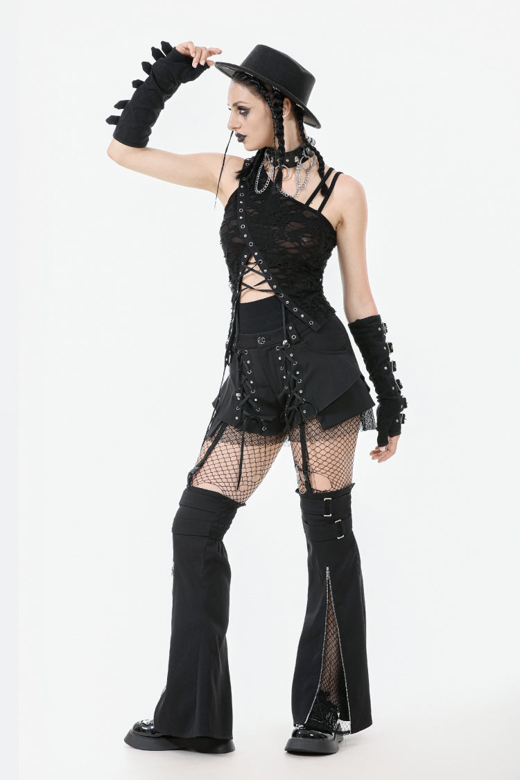 Black Sleeveless Ripped Eyelet Lace-Up Asymmetric Hem Women's Punk Top - Product - 2