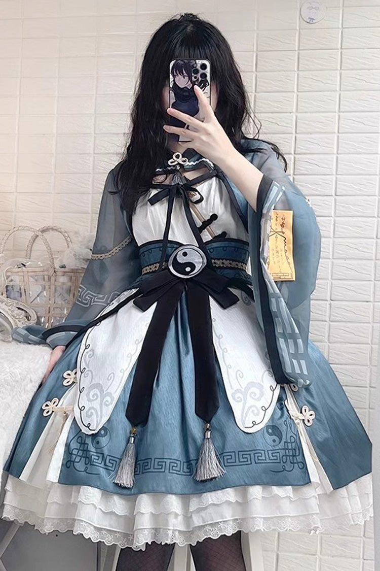 Multi-layer Little Taoist Priest Print Ruffle Sweet Chinese Style Lolita Jsk Dress 2 Colors - Blue - 3