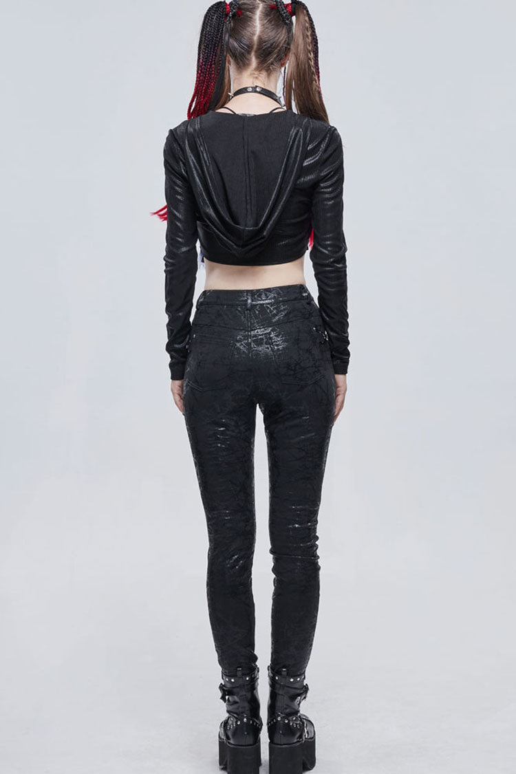 Black Punk Knitted Over Glue Metal Buckle Decoration Elasticity Leather Women's Leggings - Product - 10