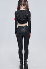 Black Punk Knitted Over Glue Metal Buckle Decoration Elasticity Leather Women's Leggings - Product - 10