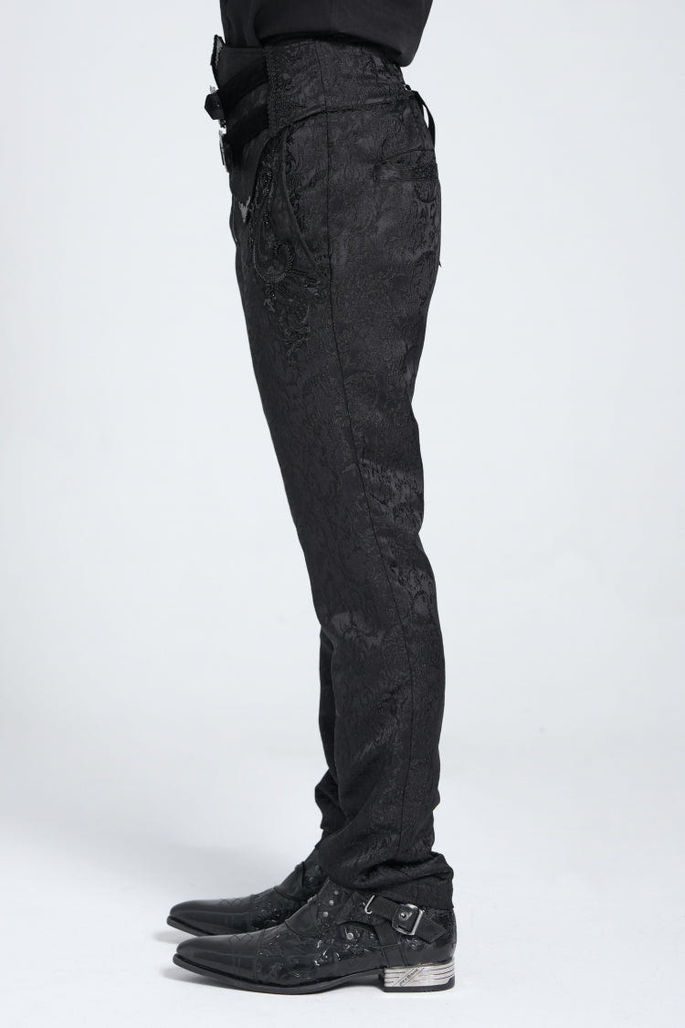 Black Double Buckles High Waisted Embroidery Men's Gothic Suit Pants - Product - 3
