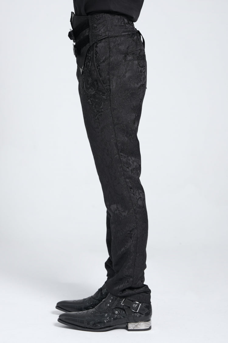 Black Double Buckles High Waisted Embroidery Men's Gothic Suit Pants - Product - 3
