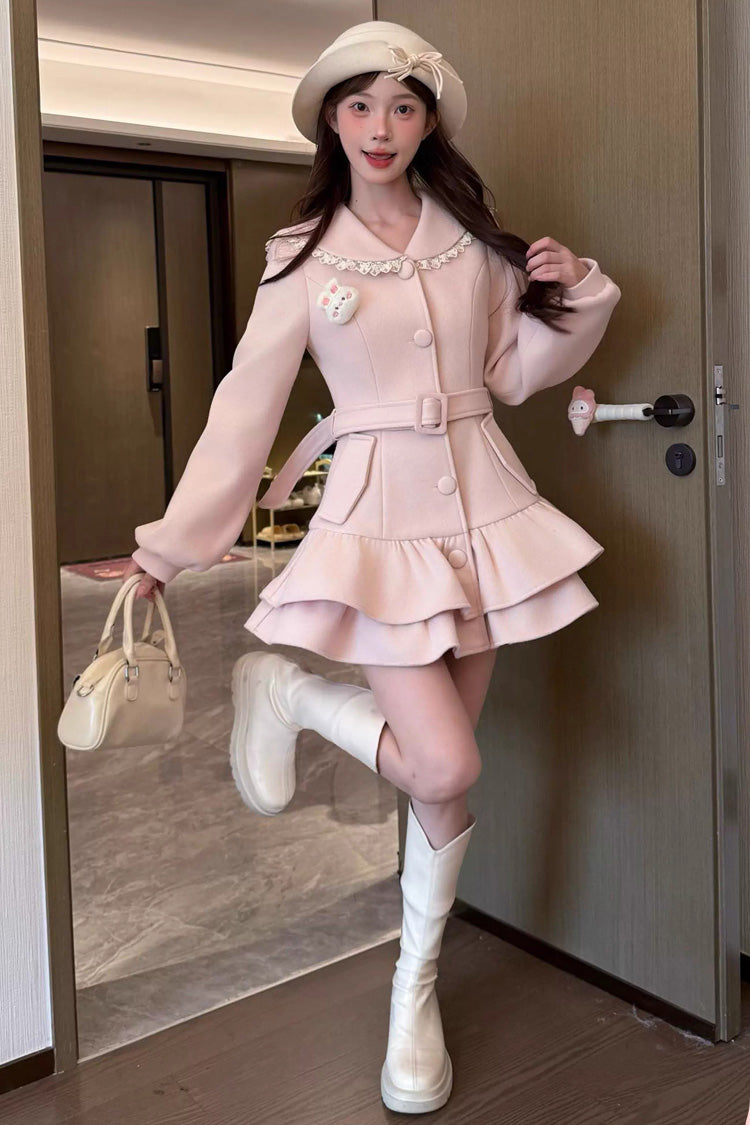 Pink [Berry Champagne] Doll Collar Long Sleeves Double-Layered Ruffled Sweet Princess Lolita Wool-blend Coat - Pink - 1