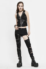 Black Punk Asymmetrical Spliced Broken Hole With Chains Womens Pants - Product - 5