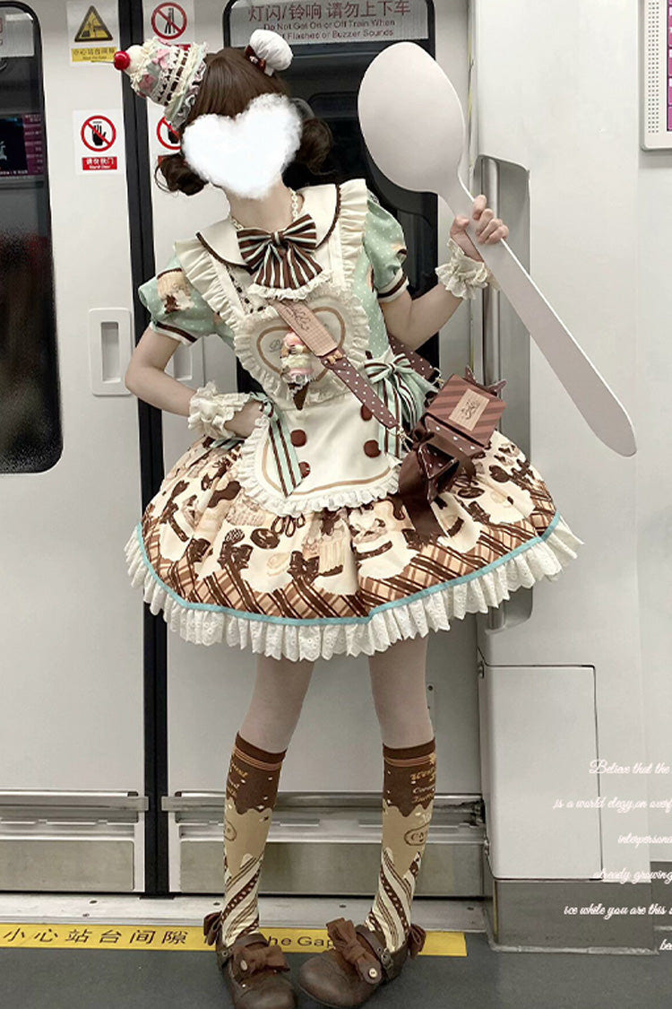 Brown [Peppermint Chocolate] Chocolate Cake Bear Print Ruffle Bowknot Lace-Up Sweet Lolita Dress - Product - 19