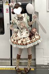 Brown [Peppermint Chocolate] Chocolate Cake Bear Print Ruffle Bowknot Lace-Up Sweet Lolita Dress - Product - 19