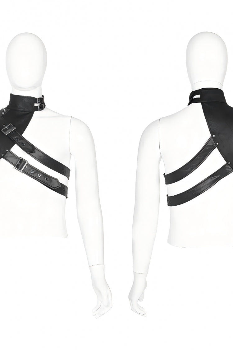 Black Stand Collar Sleeveless Irregular Asymmetric Studded Chain-Decorated Men's Gothic Handsome Cool Shoulder Harnesses - Product - 3