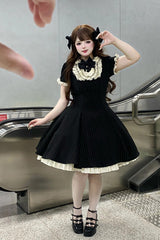 Black Short Sleeves Stripe Print Ruffle Bowknot Sweet Plus Size Maid Lolita Dress - Product - 4