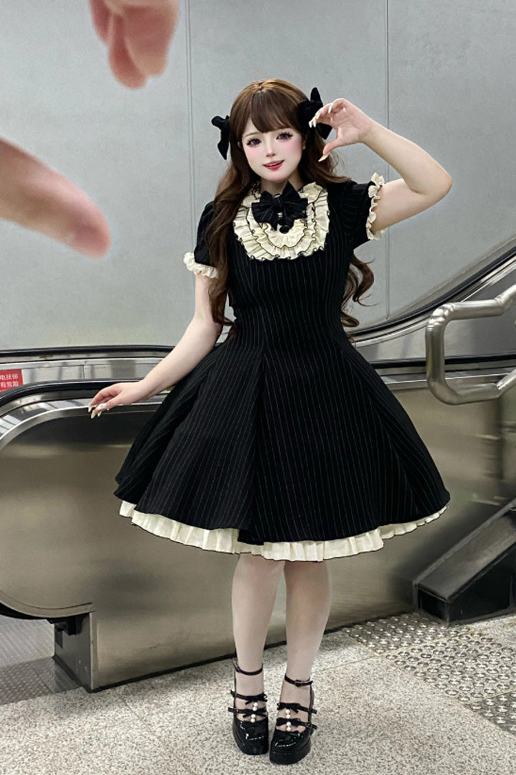 Black Short Sleeves Stripe Print Ruffle Bowknot Sweet Plus Size Maid Lolita Dress - Product - 4
